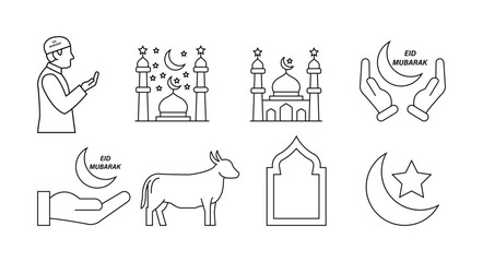 Fototapeta premium Ramadan kareem islamic symbols icon set. Ramadan icon set. Islamic icon set. Set of islamic icons, collection of arabic symbols, religion and culture elements for ramadan, eid al-adha and eid al-fitr.