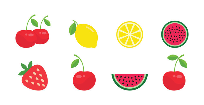 Fresh tropical and seasonal fruits illustration set with colorful healthy food icons. The set includes various fruit such as cherry, strawberry, watermelon, and lemon.Vector illustration.