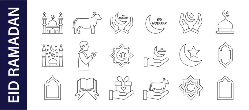 Ramadan icon set. Islamic icon set. Collection of minimalist islamic line icons for ramadan and eid celebration.decorative line art icon set featuring Ramadan symbols. Islamic religion line icon set. 