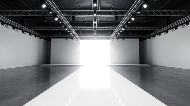 Clean white fashion runway stage with professional studio lighting.