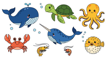 Cute cartoon marine animals collection: whale, narwhal, turtle, octopus, crab, shrimp, pufferfish © Rohi