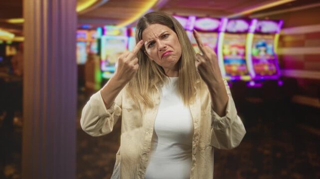 Woman wearing beige shirt and white top shows both middle fingers toward camera, one hand near face, in a casino; anger defiance.