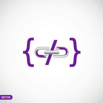 Abstract purple code bracket and broken link vector icon
