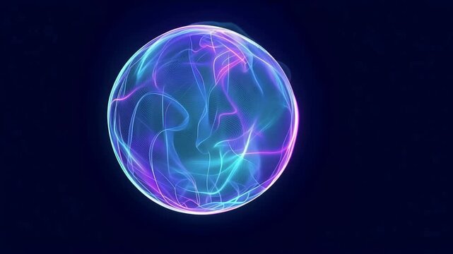 Abstract glowing energy sphere on dark blue background, transparent orb with neon pink and cyan fluid smoke curves, creative visual element for artificial intelligence, quantum computing, data fusion,