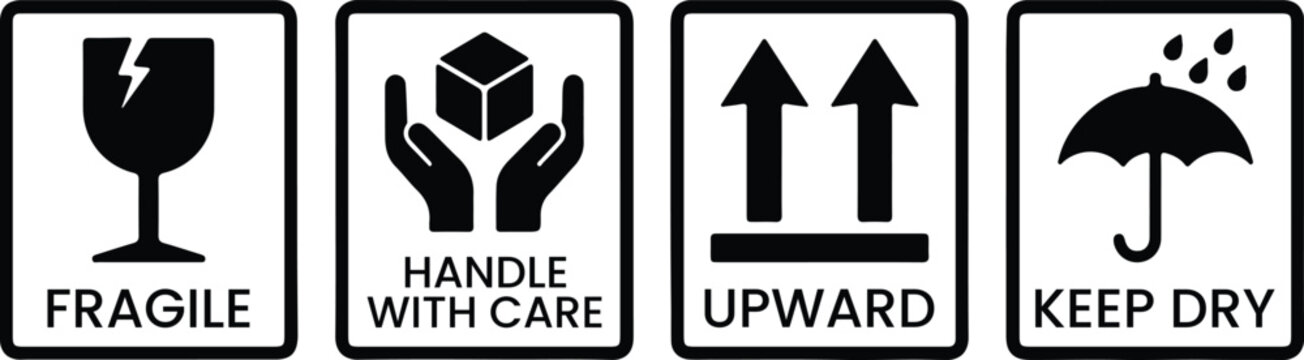 Set of four essential shipping and logistics icons including fragile, handle with care, this side up, and keep dry, isolated on white background for professional packaging labels.