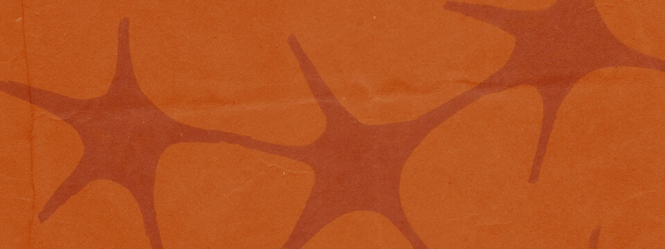 Abstract dark red neuron star organic shapes on warm orange paper texture, hand-painted biological art pattern, wide horizontal format