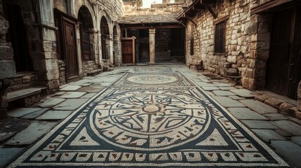 Obraz premium Ancient mosaic floor in a stone courtyard.