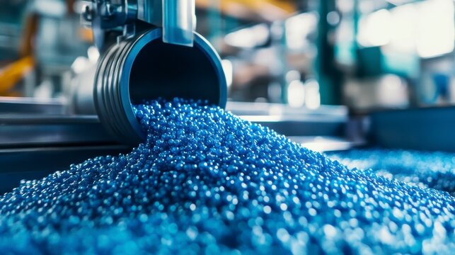 Close-up of blue plastic pellets pouring from industrial machinery in a factory.