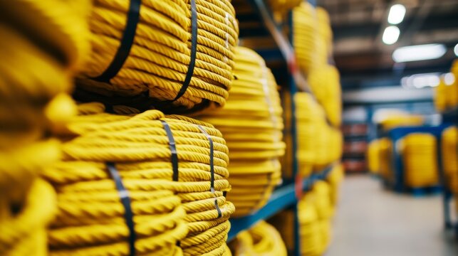Close-up of neatly stacked yellow ropes in a warehouse.