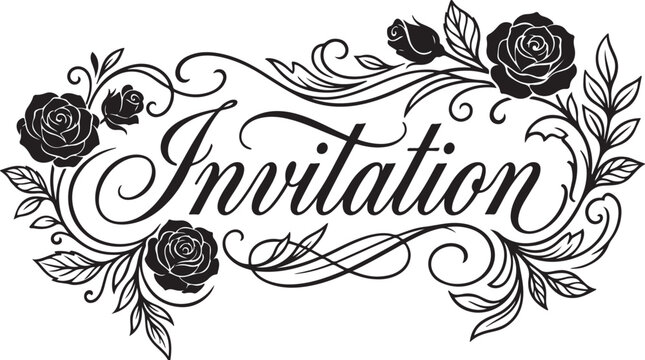 Modern Floral Invitation Calligraphy Design with Black Ink Roses Illustration