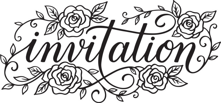Minimalist Black on White Invitation Calligraphy with Iconic Rose Decoration
