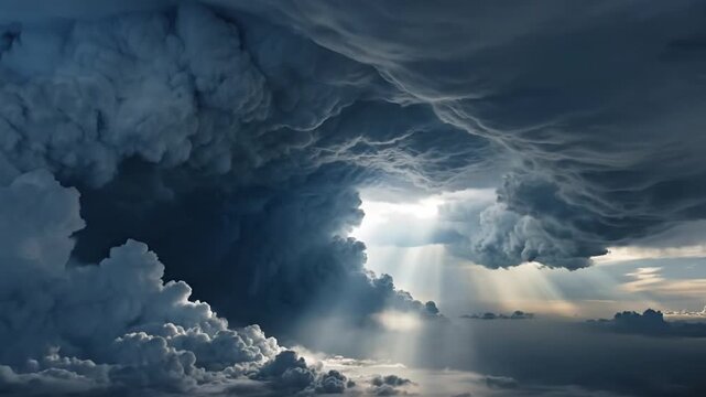 Dramatic swirling storm clouds in shades of dark gray and deep blue filling the entire sky during a severe weather event with intense atmospheric turbulence and low lighting.