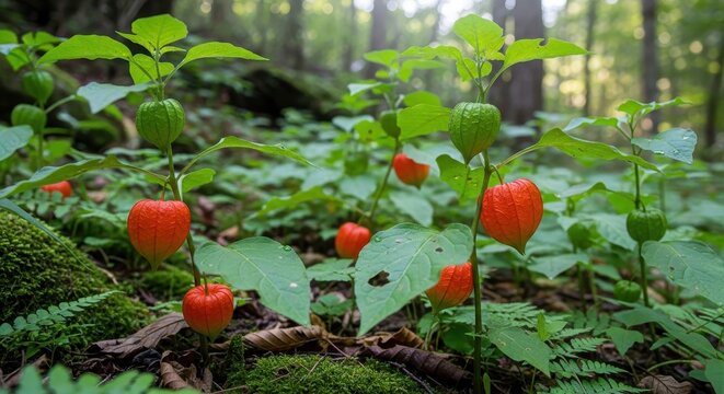 Vibrant Orange Lanterns of Ground Cherry in Lush Forest.