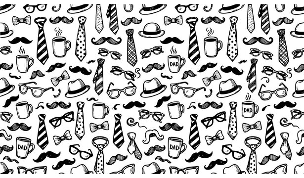 Hand drawn Father&rsquo;s Day seamless doodle pattern with tie hat mustache glasses mug and bow tie vector background