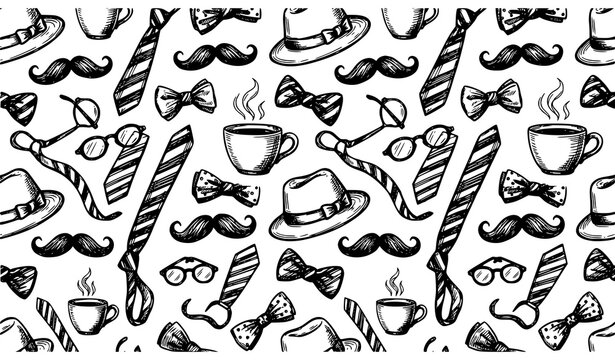 Vintage Father&rsquo;s Day seamless sketch pattern with gentleman accessories vector illustration background