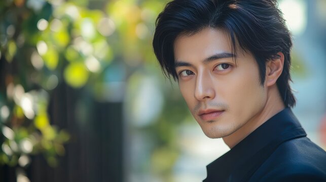 Close-up portrait of a young Asian man with dark hair, looking directly at the camera, outdoors.