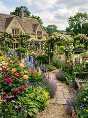 Obraz premium A picturesque English cottage garden with a stone path and blooming flowers.