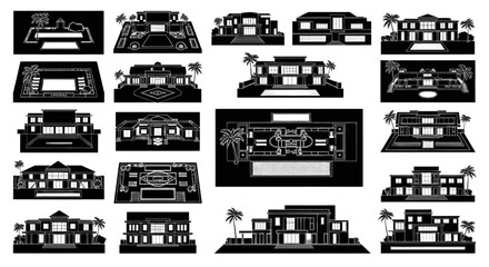Obraz premium Luxury Mansion Exterior Blueprint Vector Collection in Modern Monochrome Architecture Style