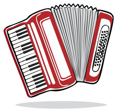 Illustration of red musical accordion featuring keys and bellows for sound performance