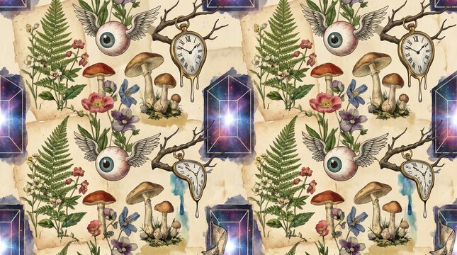 Surreal Collage Botanical Eyeball Seamless Vintage Pattern