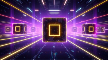 Fototapeta premium Neon tunnel extends into darkness. Squares glow, creating digital pathway. Purple, yellow lights dominate scene. Futuristic design.
