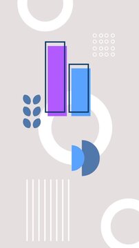Seamless loop animation of purple, blue, and white Bauhaus style objects moving randomly on a solid gray background, tailored for vertical mobile background and social media content