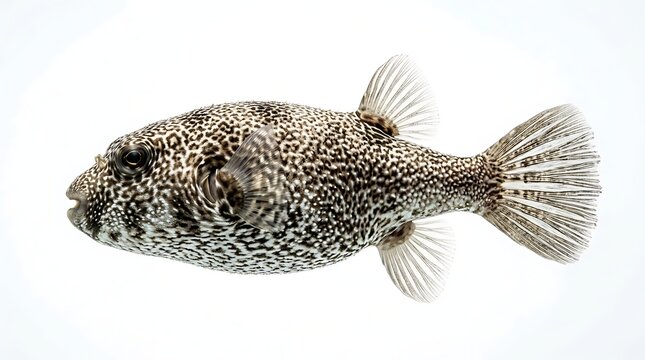 A close up studio shot of a spotted pufferfish isolated on a white background.