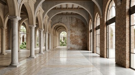 Obraz premium elegant historic corridor with arched columns and natural light interior design mockup