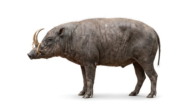 Full body side view of a rare Babirusa pig isolated on white background.