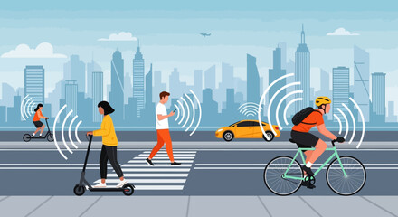 Obraz premium Electric scooter riders, cyclists, and pedestrians, urban transportation, city background, safety awareness, wireless signal icons