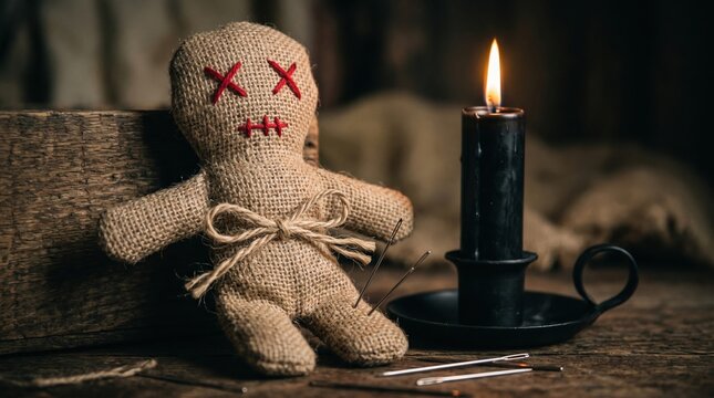 Handmade voodoo doll made of burlap next to a burning black candle in a dark mystical setting with red stitching
