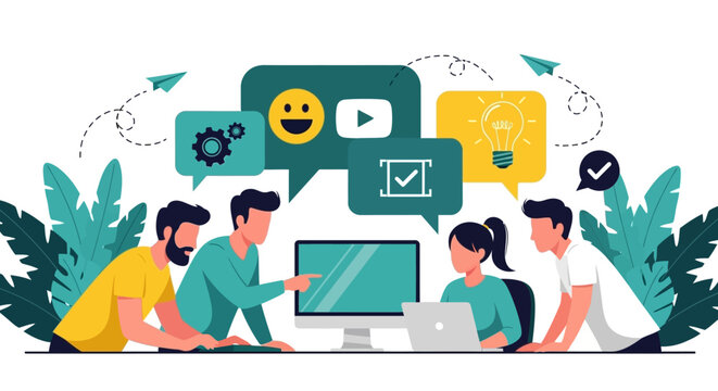 Collaboration, teamwork, and creativity concept. People working together on computer, brainstorming ideas, digital workflow. Modern office, flat design, green and yellow icons.
