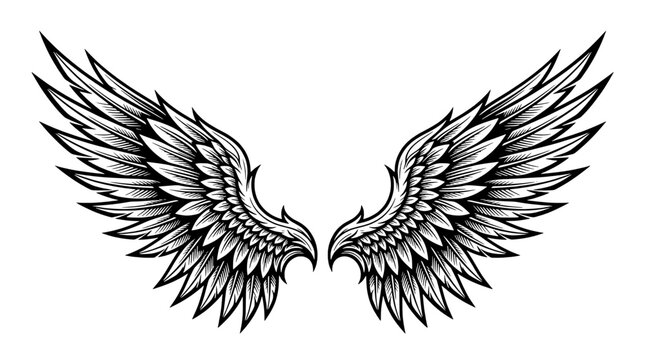 Wings tattoo emblem with detailed feather lines and symmetrical tribal style for fashion, branding and festival designs