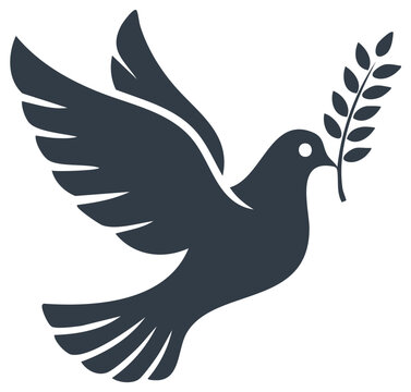 Flying dove silhouette carrying olive branch, peace symbol concept.