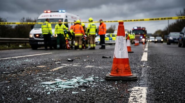 Road accident scene with emergency services traffic cones debris crash site public safety accident emergency