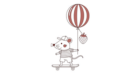 cute mouse on skateboard with hot air balloon, red and white striped, cartoon character, vector illustration, kids design element © Adam