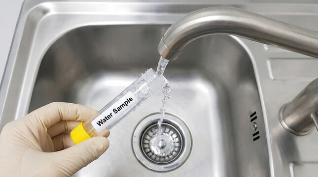 Water sample collection in kitchen sink for testing with collection laboratory analysis hydration household