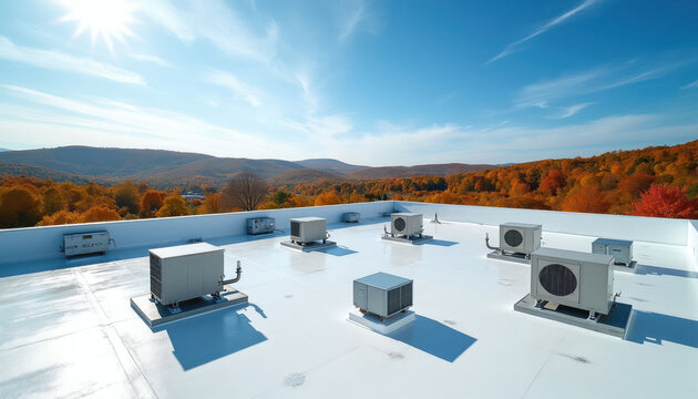 White rooftop with air conditioning units and ventilation systems overlooking autumn forest hills under blue sky. HVAC equipment on building top with fall foliage in background. Sunny day.
