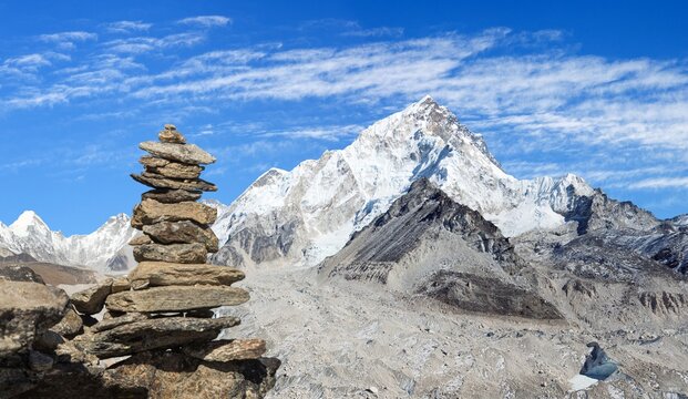 Mount Nuptse and Khubu glacier with stone pyramid