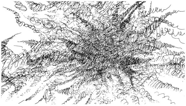 Hand-drawn monochrome pen line art of dense swirling textures and explosive radial patterns