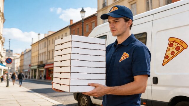 A delivery man in a blue uniform is holding a stack of pizza boxes on a city street with a white van in the background, conveying a sense of professionalism and efficiency in food delivery service.