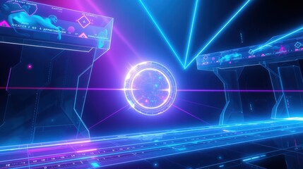 Fototapeta premium Futuristic tunnel, glowing neon lights, digital displays. Abstract shapes create immersive visual experience. Dark background enhances vibrant colors.