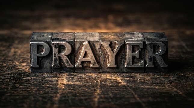 Vintage metal letterpress blocks spelling prayer on dark rustic wood with dramatic lighting religion spiritual