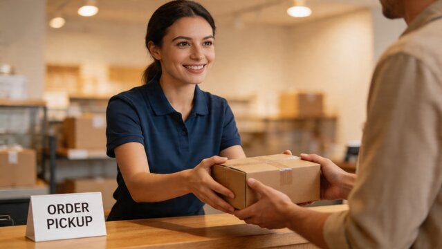 A woman in a warehouse hands a package to a customer at an order pickup counter, with a sign indicating the purpose of the counter, and shelves of boxes in the background.