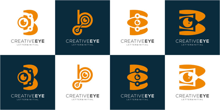 Modern letter B initial with eye and lens logo design collections. Creative vision for digital tech company vector icon symbols.