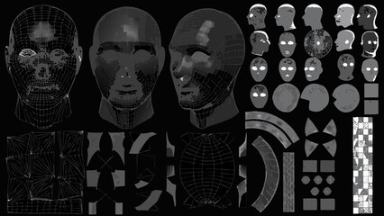 3d wireframe human head models and fragmented facial components on a black background © Kapil