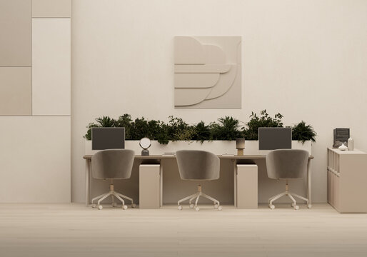 Contemporary office workspace with everyday objects and collaborative desk setup