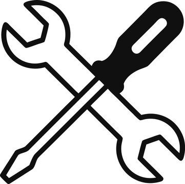 Wrench and screwdriver crossed together form a simple black icon representing home maintenance and industrial repair services.