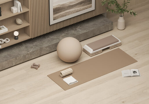 Fitness ball, weights and water bottle. Beige and white colors scene. 3d render for sport fitness equipment in the gym and exercise daily background. Healthy living, taking care of themselves.