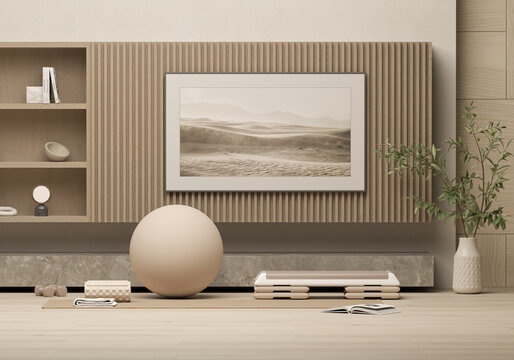 Fitness ball, weights and water bottle. Beige and white colors scene. 3d render for sport fitness equipment in the gym and exercise daily background. Healthy living, taking care of themselves.